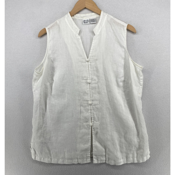 ALEXANDRA BARTLETT Top 1X Plus Linen Sleeveless Shirt Mandarin Frog Button White - Picture 1 of 12